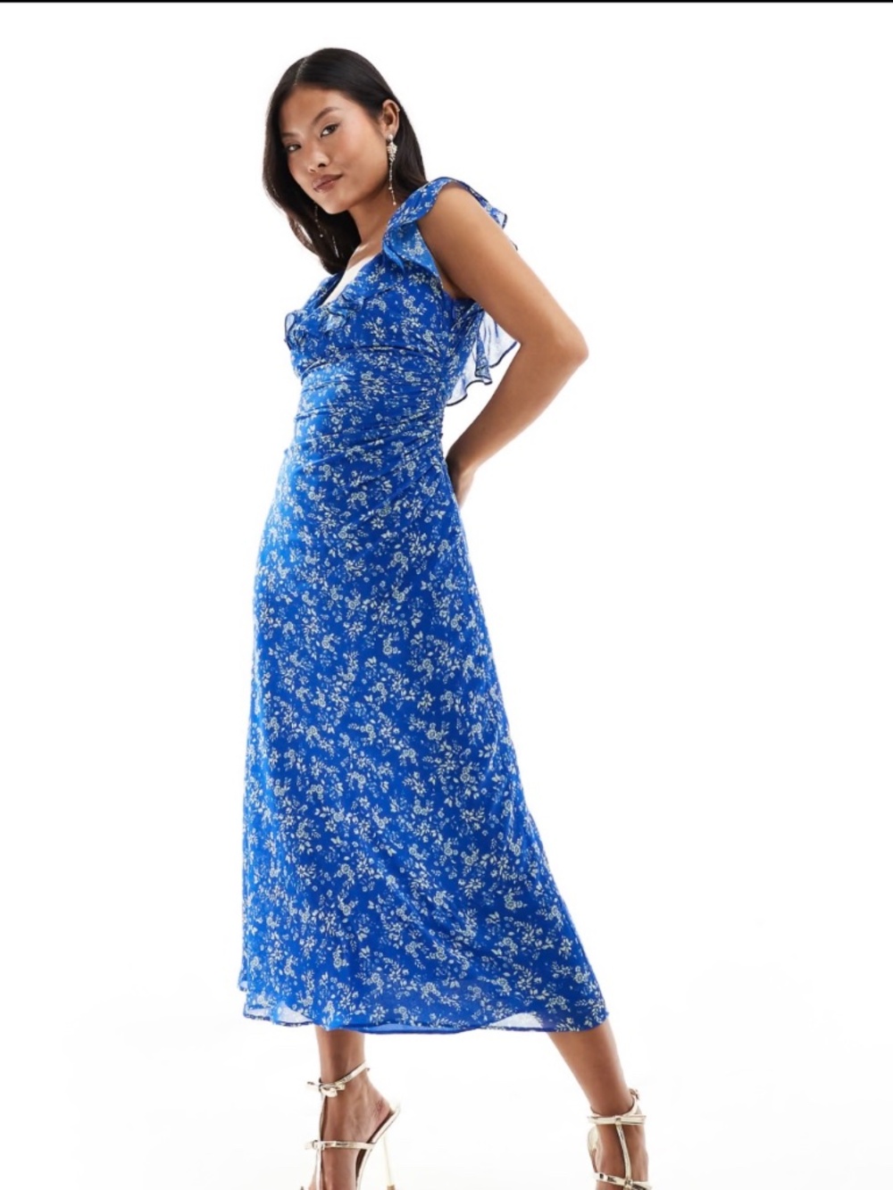Ever New Ruffle Sleeve Midi Dress in Ditsy Blue Floral - Size 6